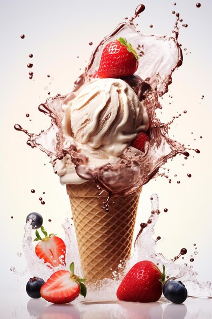 Araffe with chocolate and strawberries in a cone with water splash