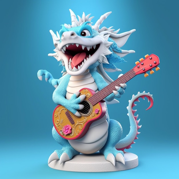 Araffe with a guitar and a dragon on a blue background generative ai