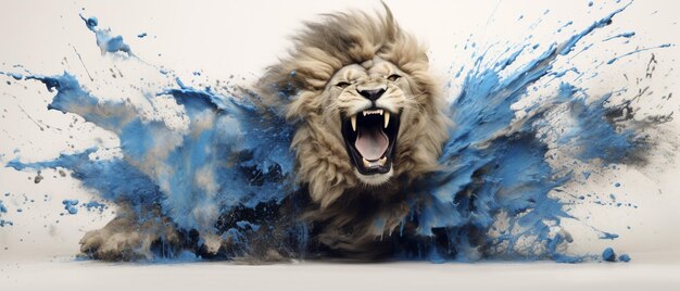 Photo araffe with a large mane and a blue paint splashing on it generative ai