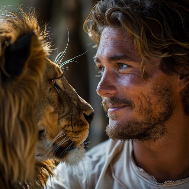 Foto araffe con un uomo e un leone in uno zoo generativo ai