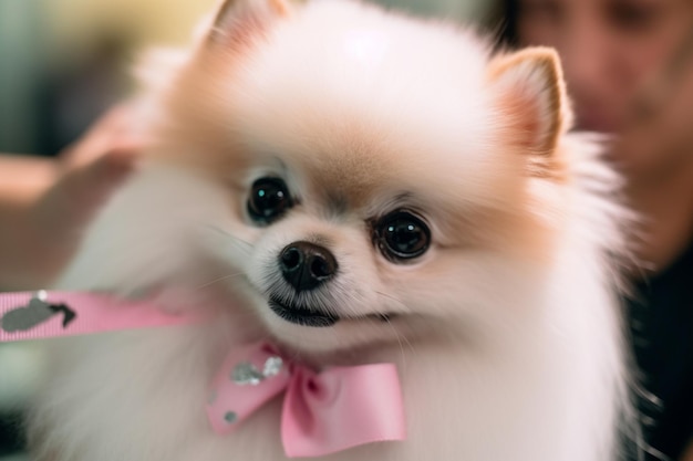 Araffe with a pink bow tie on a dog with a man in the background generative ai