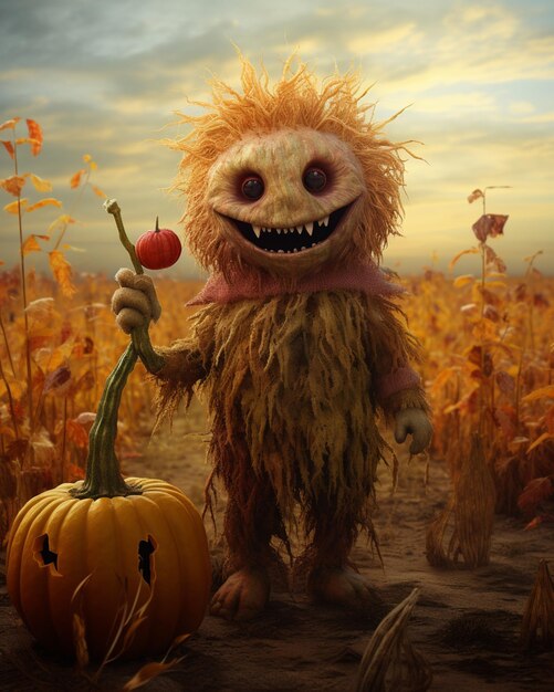 Araffe with a pumpkin and a scarecrow in a field generative ai