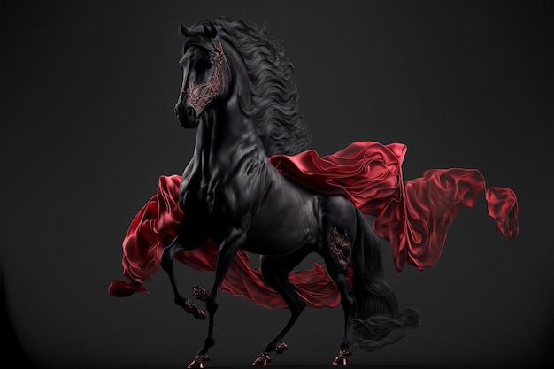 araffe with a red cape on its back and a black horse generative ai