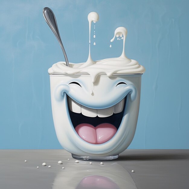 araffe with a spoon sticking out of its mouth and a bowl of milk generative ai