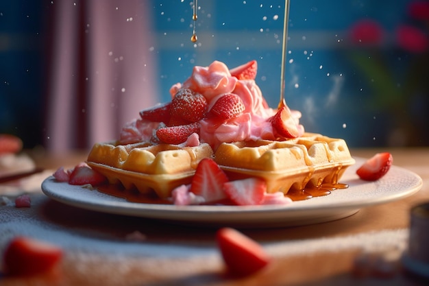 皿の上にイチゴとホイップクリームを乗せたアラフェの生成AI
