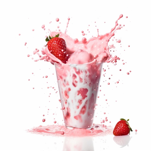 Araffe with strawberry and milk splashing out of it in a glass generative ai