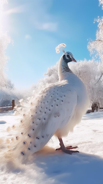 araffe with white feathers standing in the snow in a park generative ai