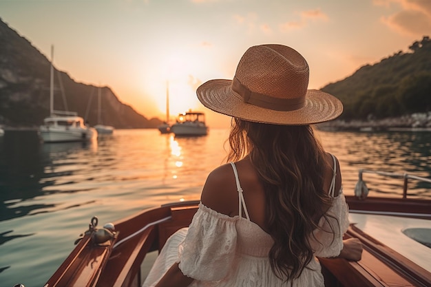 Araffe woman in a hat on a boat looking at the sunset generative ai