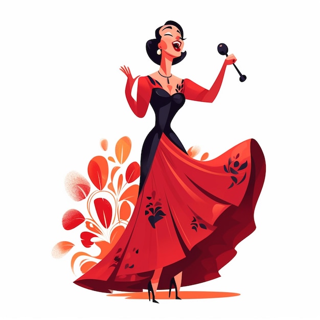 Фото Арафь, женщина в красном платье, поет песню с микрофоном.