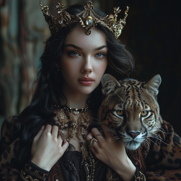 Арафа женщина в леопардовом платье с леопардом в руках