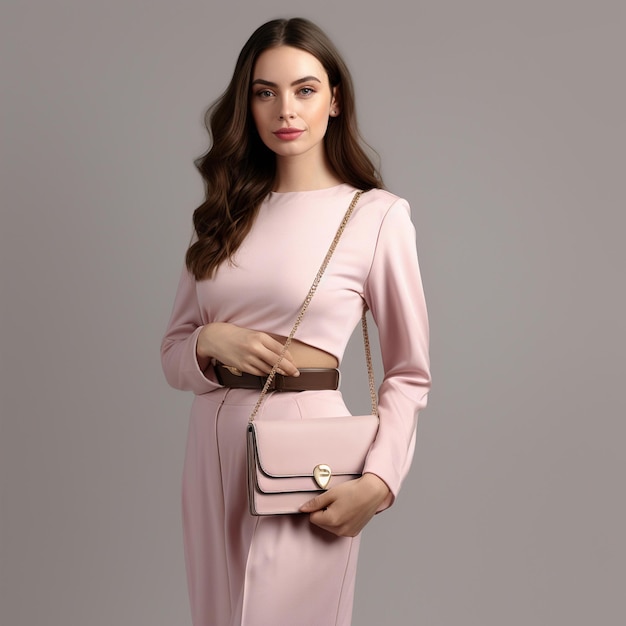 Araffe Woman In Pink Dress Holding A Pink Purse And Looking At The Camera