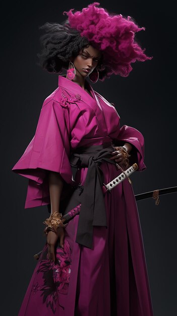 araffe woman in a pink kimono with a sword and a pink hat generative ai