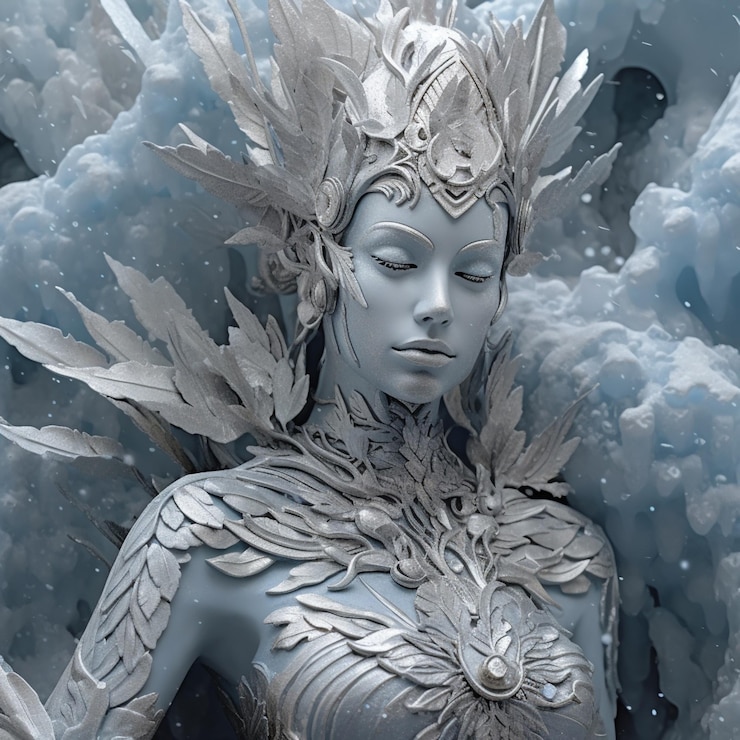 Photo araffe woman in a silver costume with feathers and feathers on her head generative ai