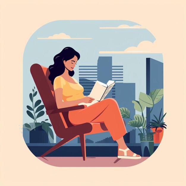 Photo araffe woman sitting in a chair reading a book in a city generative ai