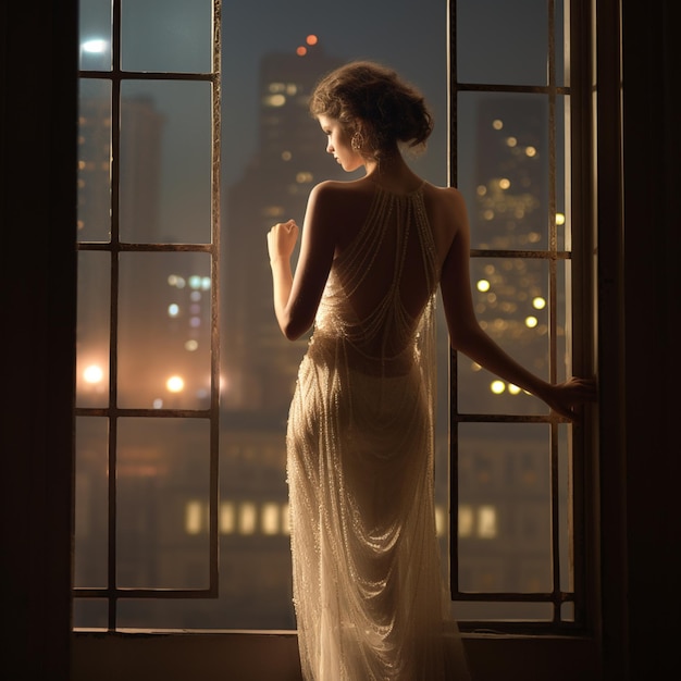 Foto donna araffe in un vestito bianco che guarda fuori da una finestra in una città generativa ai