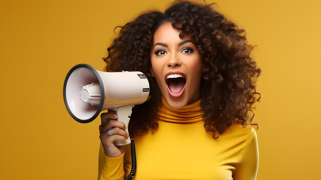 Foto donna araffa con i capelli ricci che tiene un megafono davanti al viso ia generativa