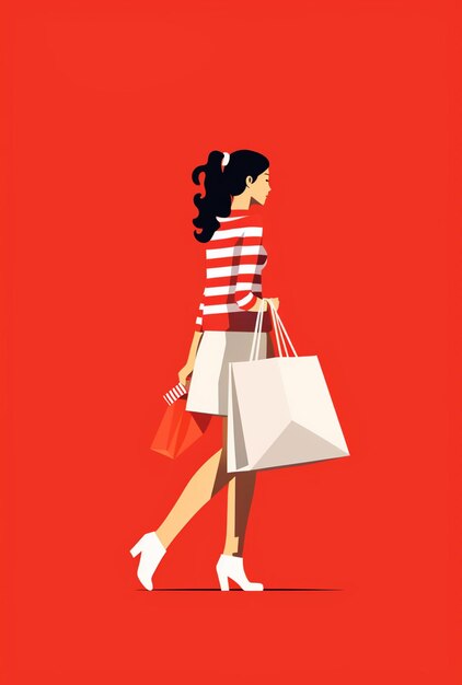 Donna araffe con borse della spesa che cammina su uno sfondo rosso