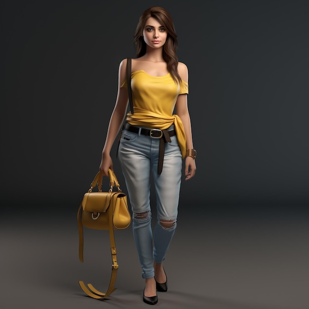 Araffe Woman In A Yellow Top And Jeans With A Handbag