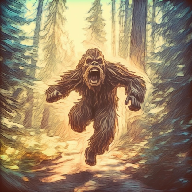 Foto araffe nel bosco con un bigfoot in primo piano generativo ai