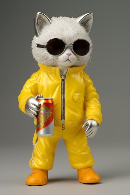 araffe in a yellow rain suit holding a can of soda generative ai