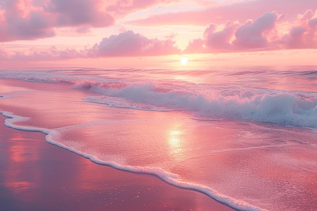 Araffe zonsondergang over de oceaan met een roze hemel en witte golven generativ ai