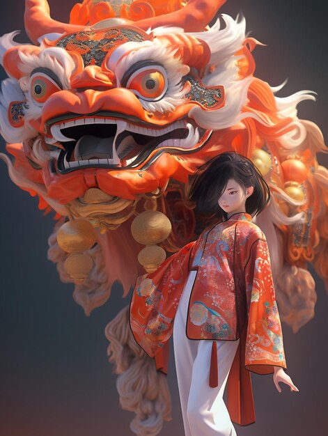 Araffed asian woman in traditional clothing standing in front of a dragon generative ai