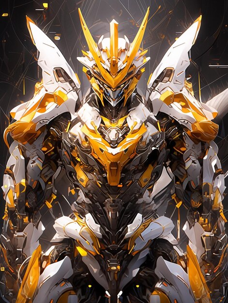 Araffed robot with yellow and white armor standing in front of a black background generative ai