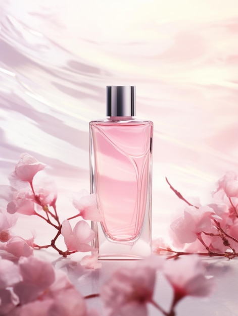 araffement van een roze parfumflesje met een roze bloem generatieve ai