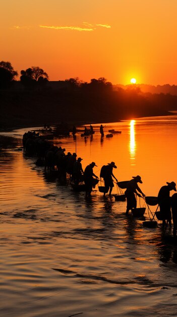 Araffes are walking along a river with their dogs generative ai