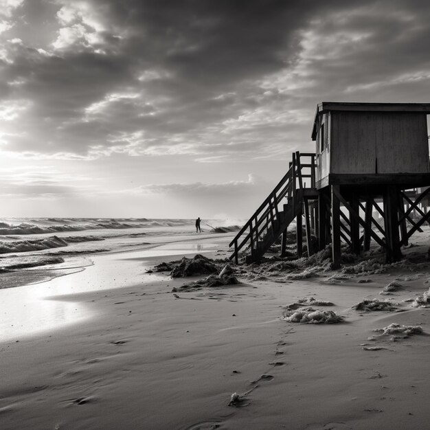 araffes on the beach with a wooden structure and stairs generative ai