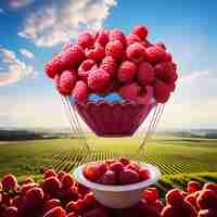 Photo araffes in a bowl of raspberries on a table generative ai