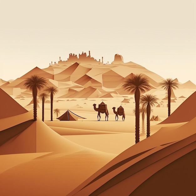 Araffes in the desert with palm trees and a camel generative ai