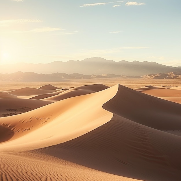 Araffes in the desert with a sky background and mountains in the distance generative ai