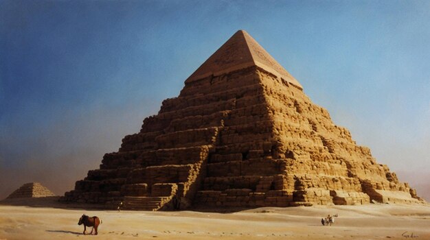 Foto araffi davanti a una piramide nel deserto con un cavallo