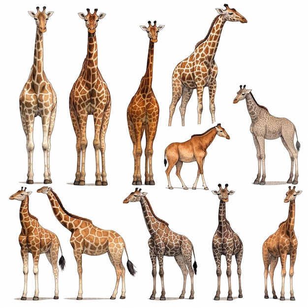 Araffes and giraffes are standing in a row and facing different directions generative ai