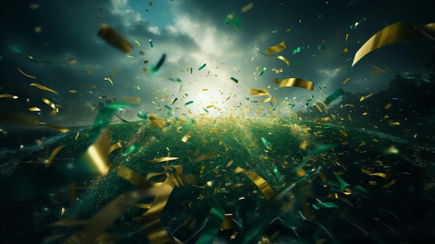 Araffes of gold and green confetti are flying in the air generative ai