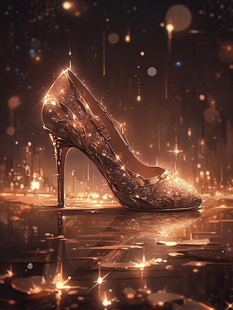 Araffes high heeled shoe with sparkling lights on a shiny surface generative ai