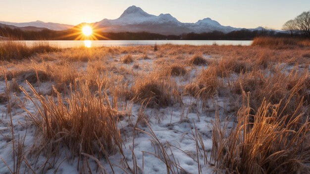 Araffes in een veld met sneeuw en een berg op de achtergrond generatieve ai