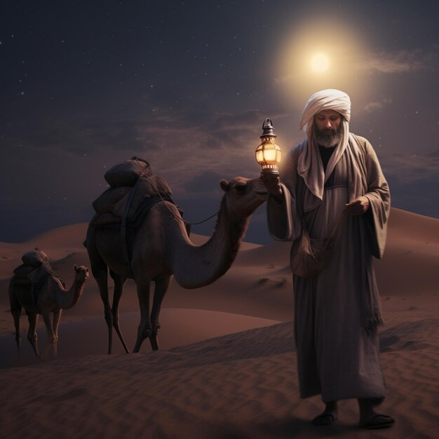 사진 사막에서 아라프와 등불과 낙타 생성 ai