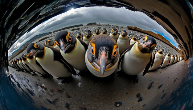 Photo araffes of penguins are standing in a circle on the beach generative ai