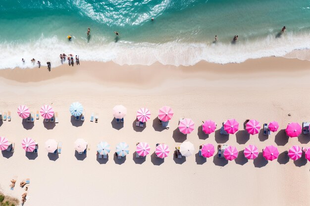 Araffes of people are on the beach with umbrellas generative ai