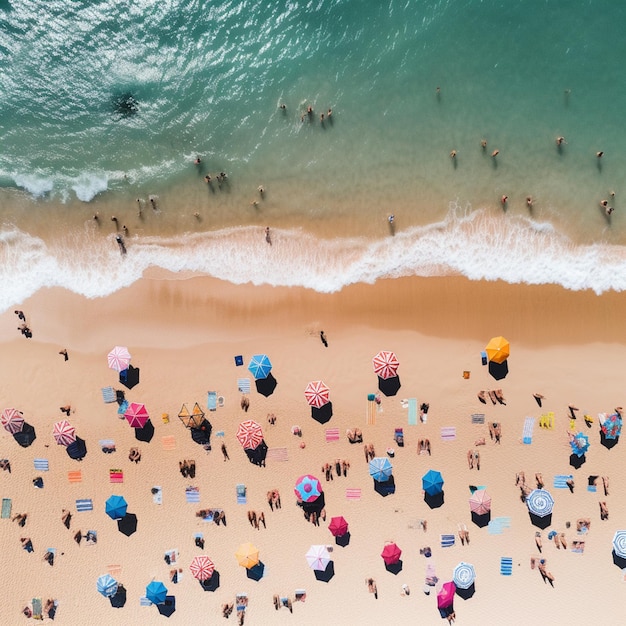 araffes of people on a beach with umbrellas and towels generative ai