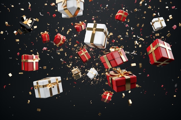 araffes of presents are falling from the sky with confetti generative ai