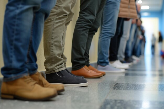 araffes standing in a line in a hallway with their feet on the ground generative ai