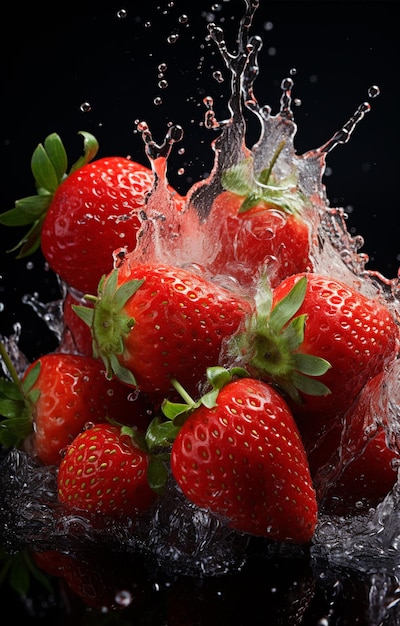 araffes of strawberries are splashing into a glass bowl generative ai