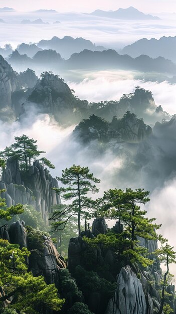 Photo araffes of trees on a mountain with fog in the background generative ai