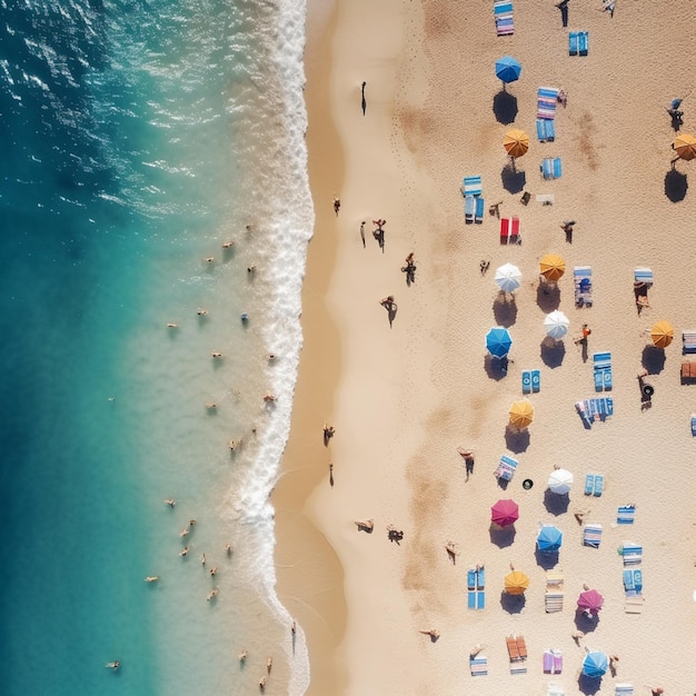 Araffes and umbrellas on a beach with people swimming in the water generative ai