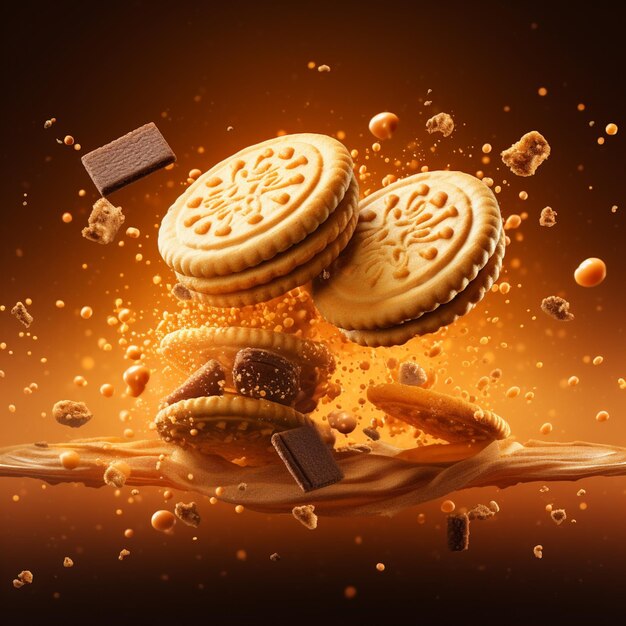 Araffes with chocolate and cookies falling into a puddle of liquid generative ai