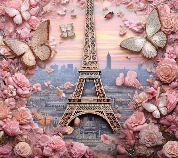 Foto araffe con fiori rosa e farfalle che circondano la torre eiffel