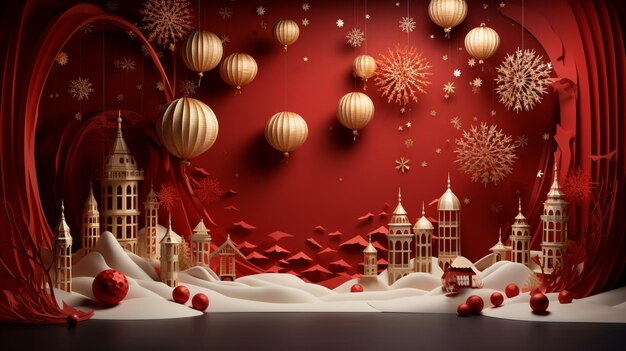 Arafficial display of a christmas scene with paper decorations generative ai